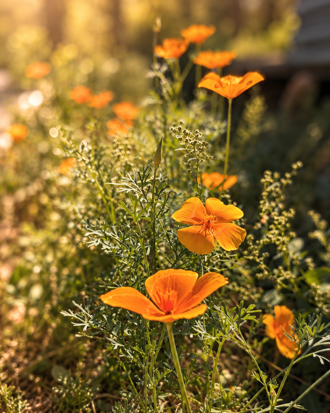 Orange poppy flowers in a sunlit field.