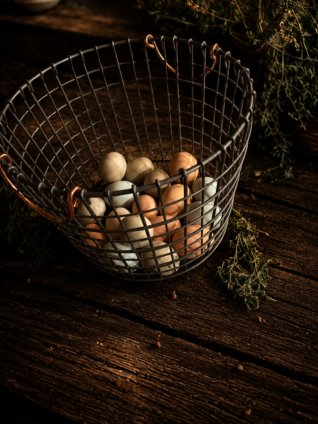 A wire basket of multi-colored eggs on a dark wooden table with herbs
