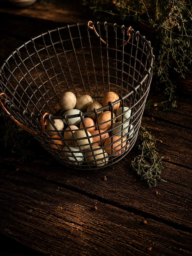A wire basket of multi-colored eggs on a dark wooden table with herbs