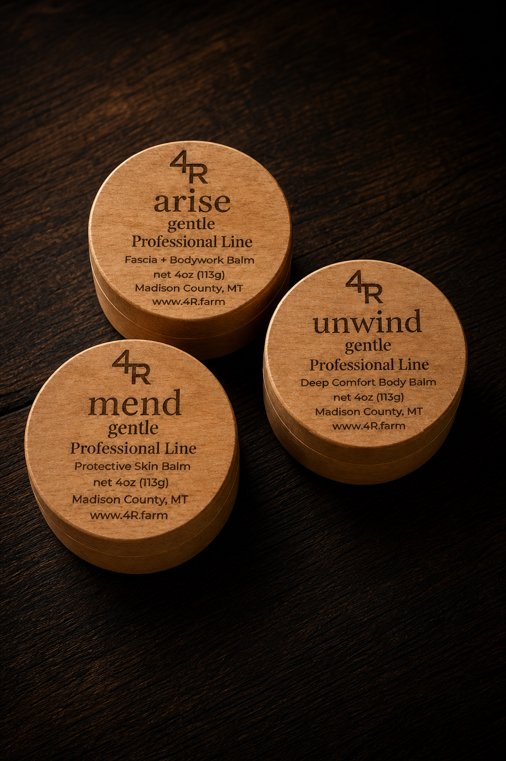 Three beech wood tins with 4R Farm PRO Line Balms, MEND, ARISE, and UNWIND