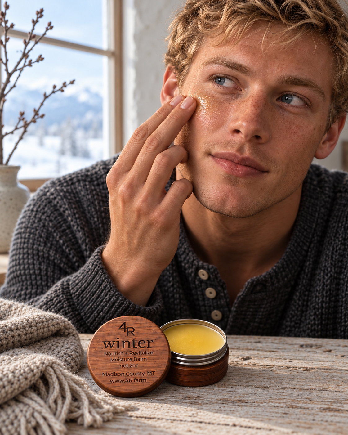 Man applying WINTER moisture balm to his cheek beside a snowy window.