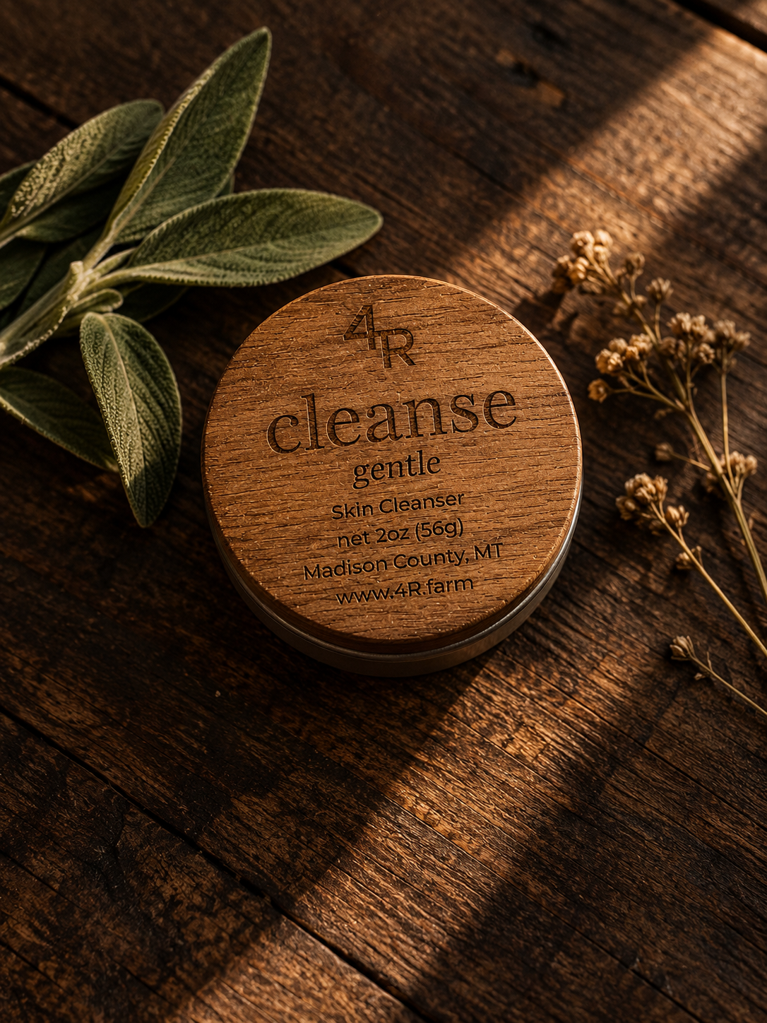 CLEANSE GENTLE Daily Facial Cleanser in a walnut-lidded tin with sage and dried flowers