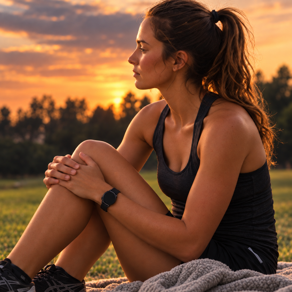 Woman resting outdoors after exercise at sunset.