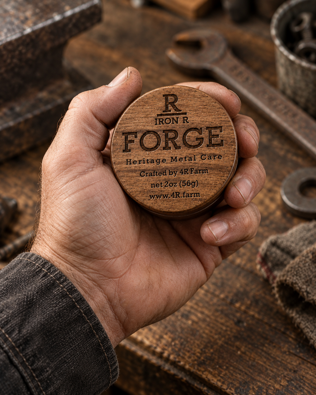 Fixed-blade knife and leather sheath displayed beside open FORGE and closed GRAIN care balms.