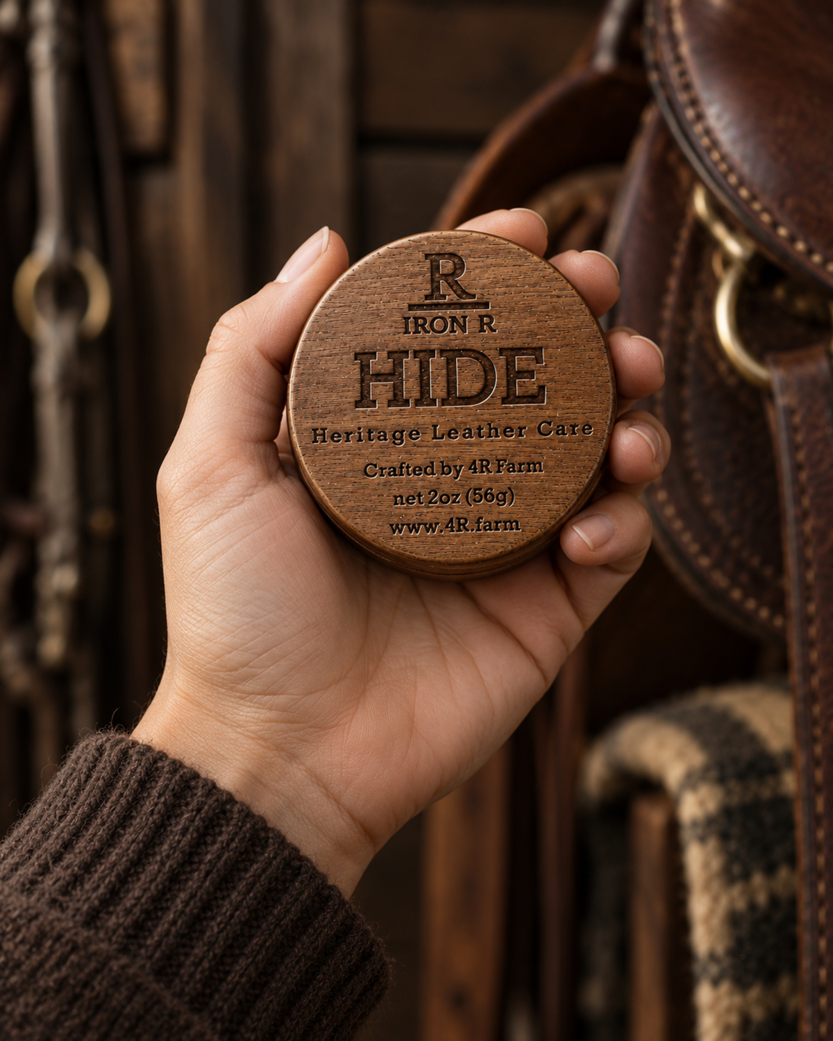 Hand holding IRON R HIDE Heritage Leather Care in front of brown leather tack.