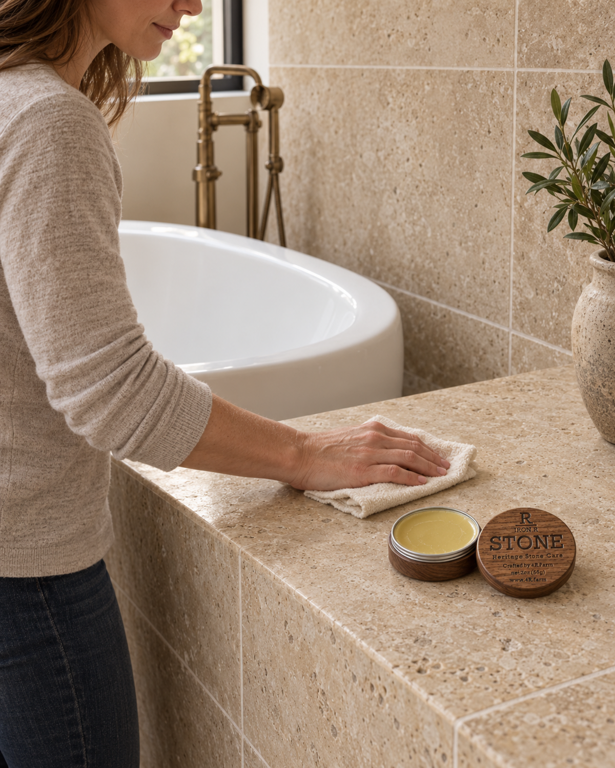 Woman polishing a beige stone bathroom surface with IRON R STONE nearby.