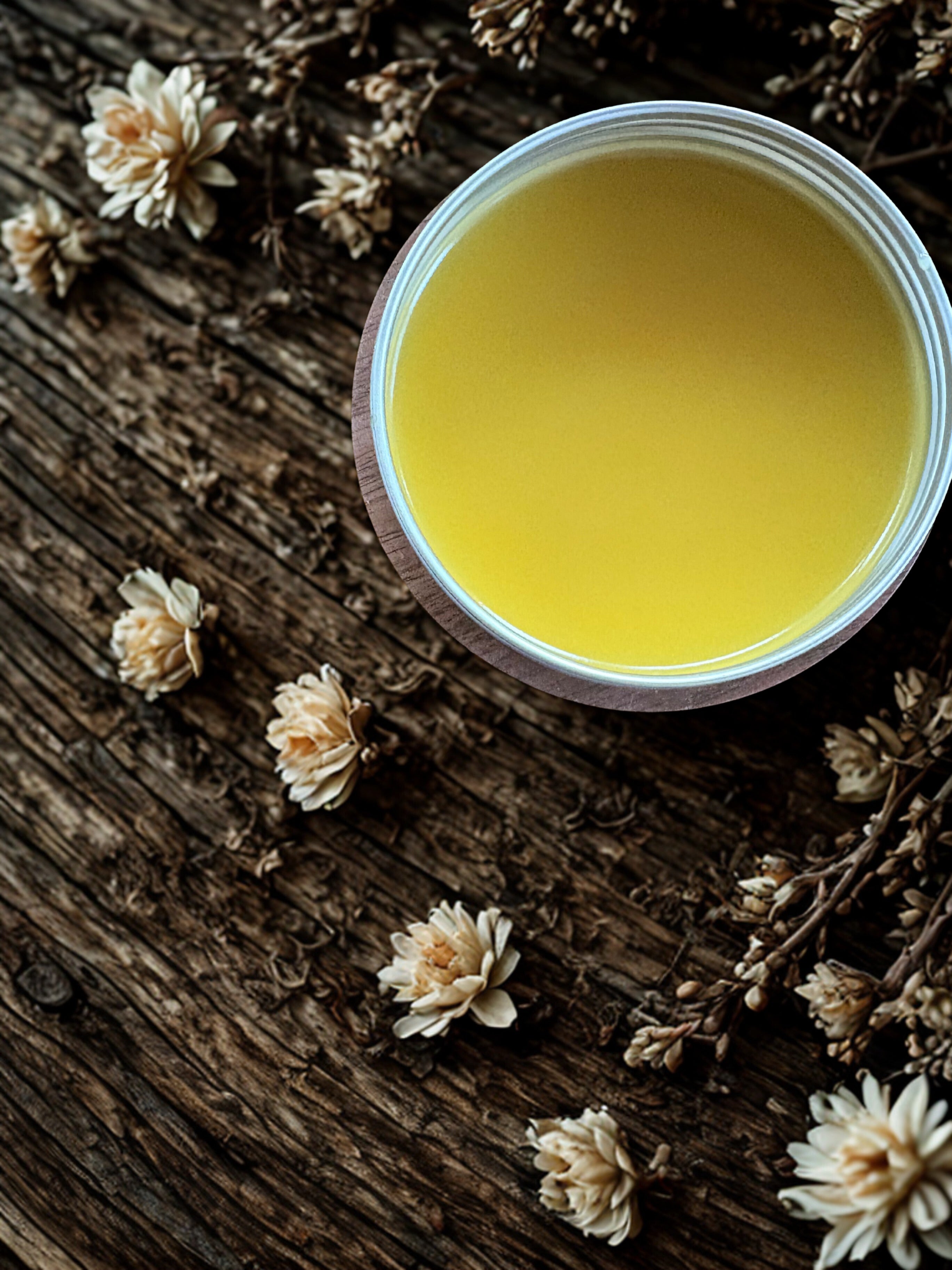 Jar of yellow cream on a wooden surface with dried flowers