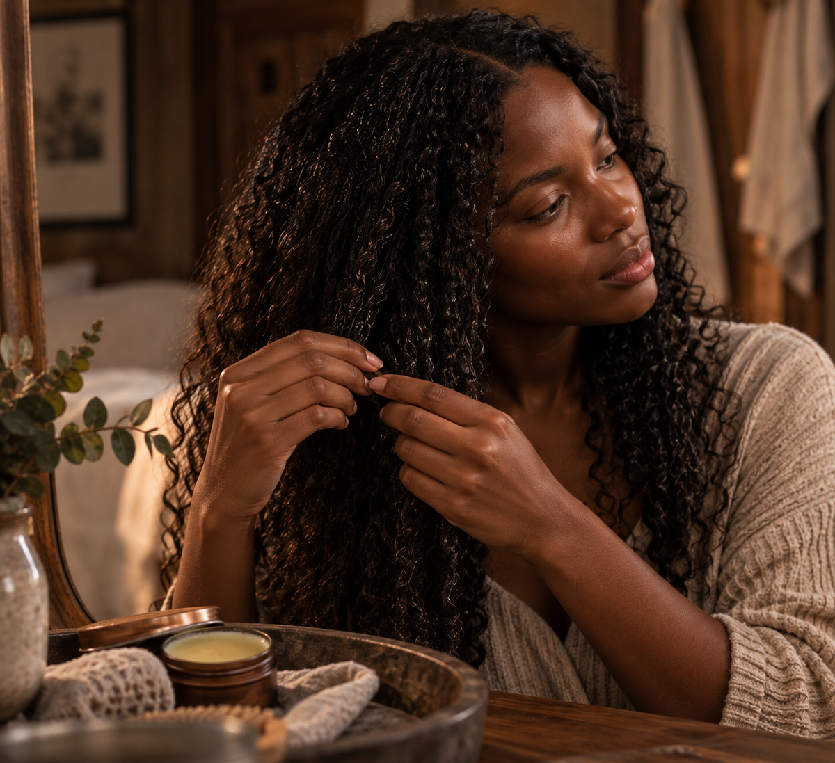 Woman smoothing the ends of her curly hair with ANCHOR balm nearby.