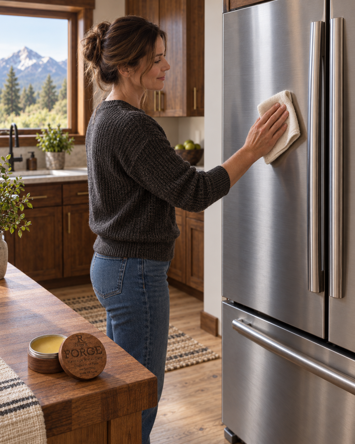 Woman polishing a stainless steel refrigerator with IRON R FORGE on the nearby counter.