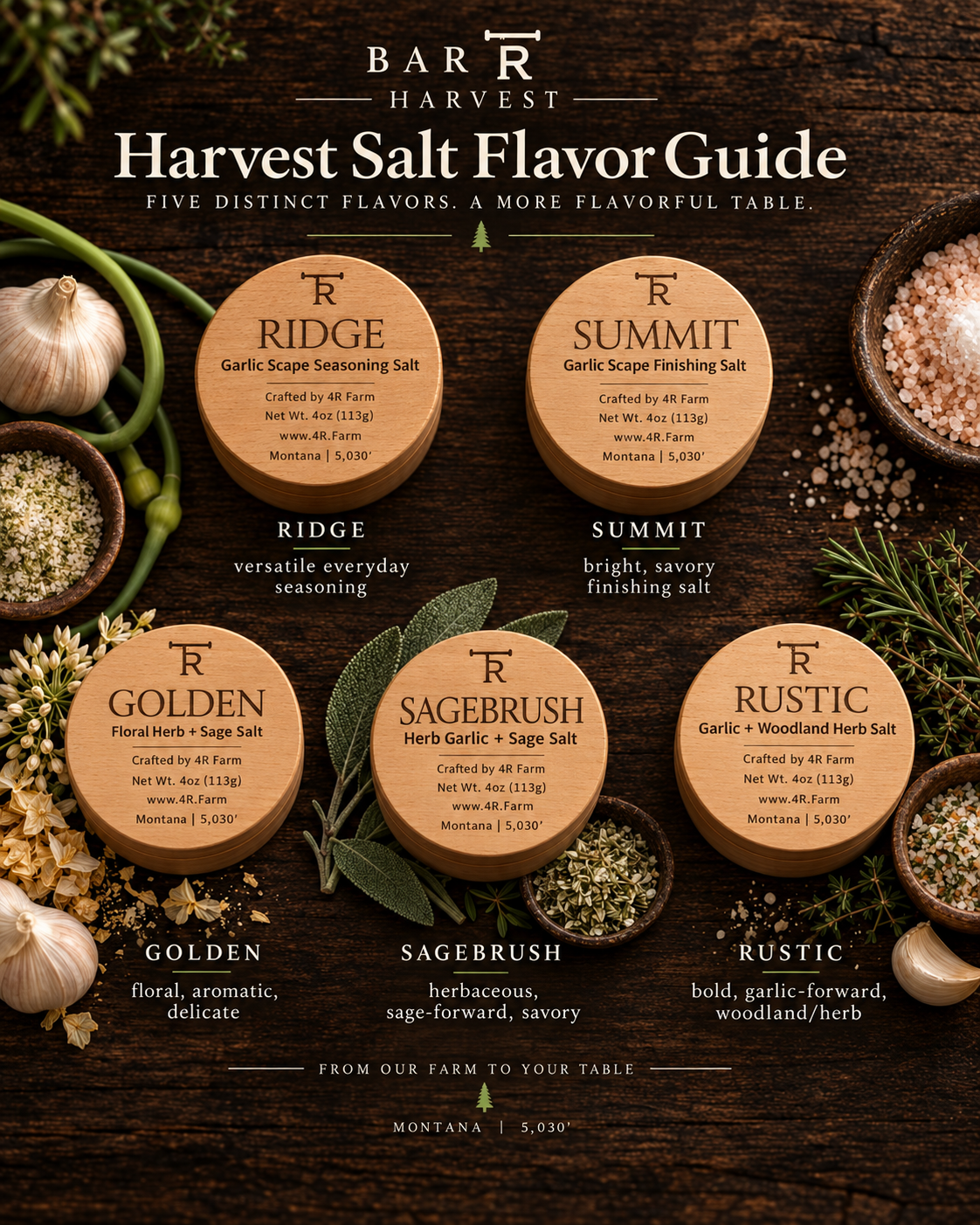 BAR R Harvest Salt flavor guide showing five tins with ingredients and tasting notes.