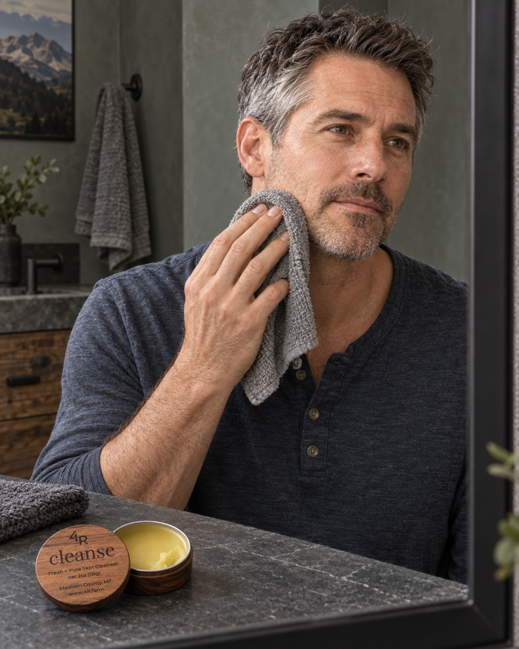 Man wiping his face with a soft cloth, with open CLEANSE balm on the bathroom counter.