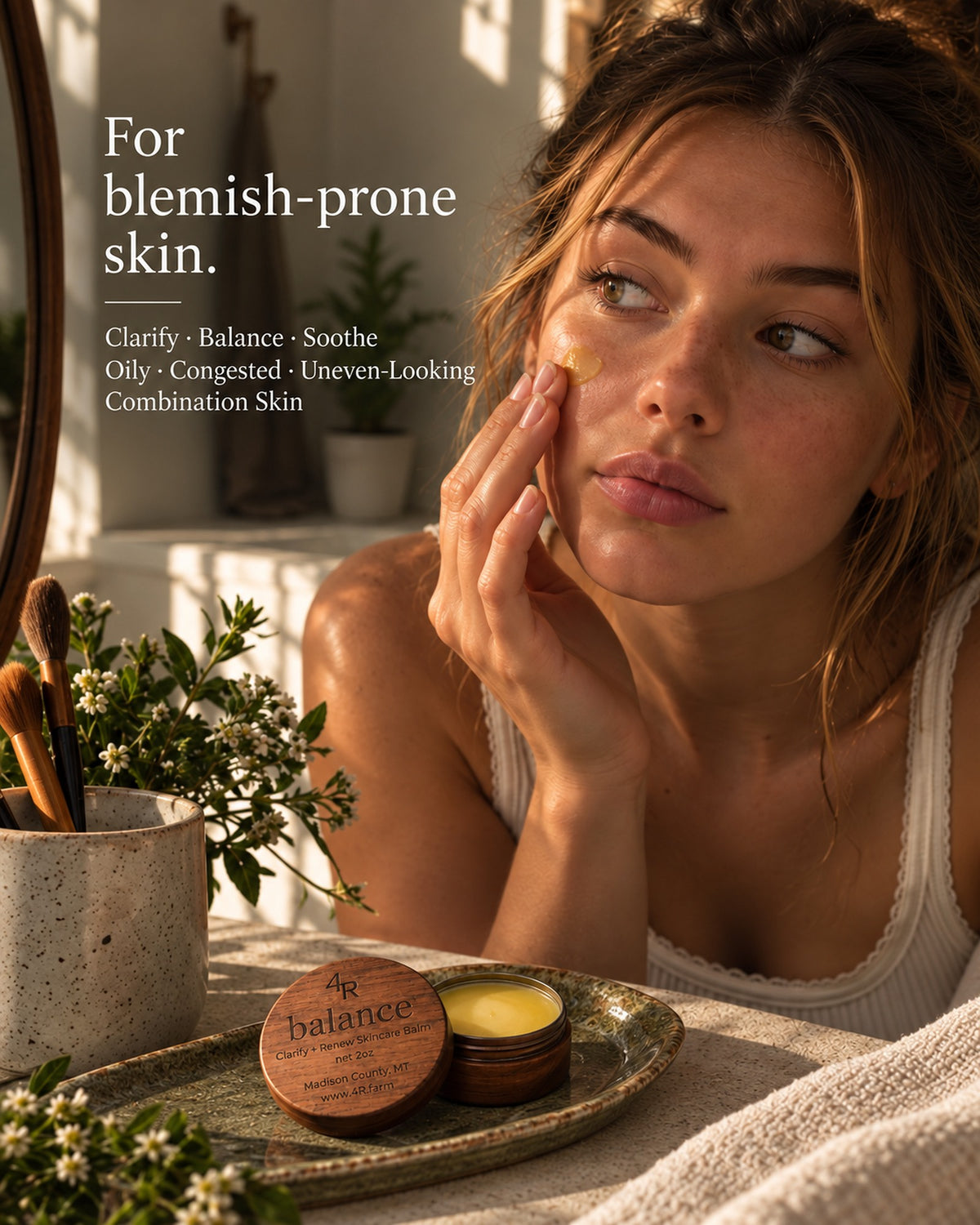 Woman applying BALANCE balm to her cheek beside the words “For blemish-prone skin.”