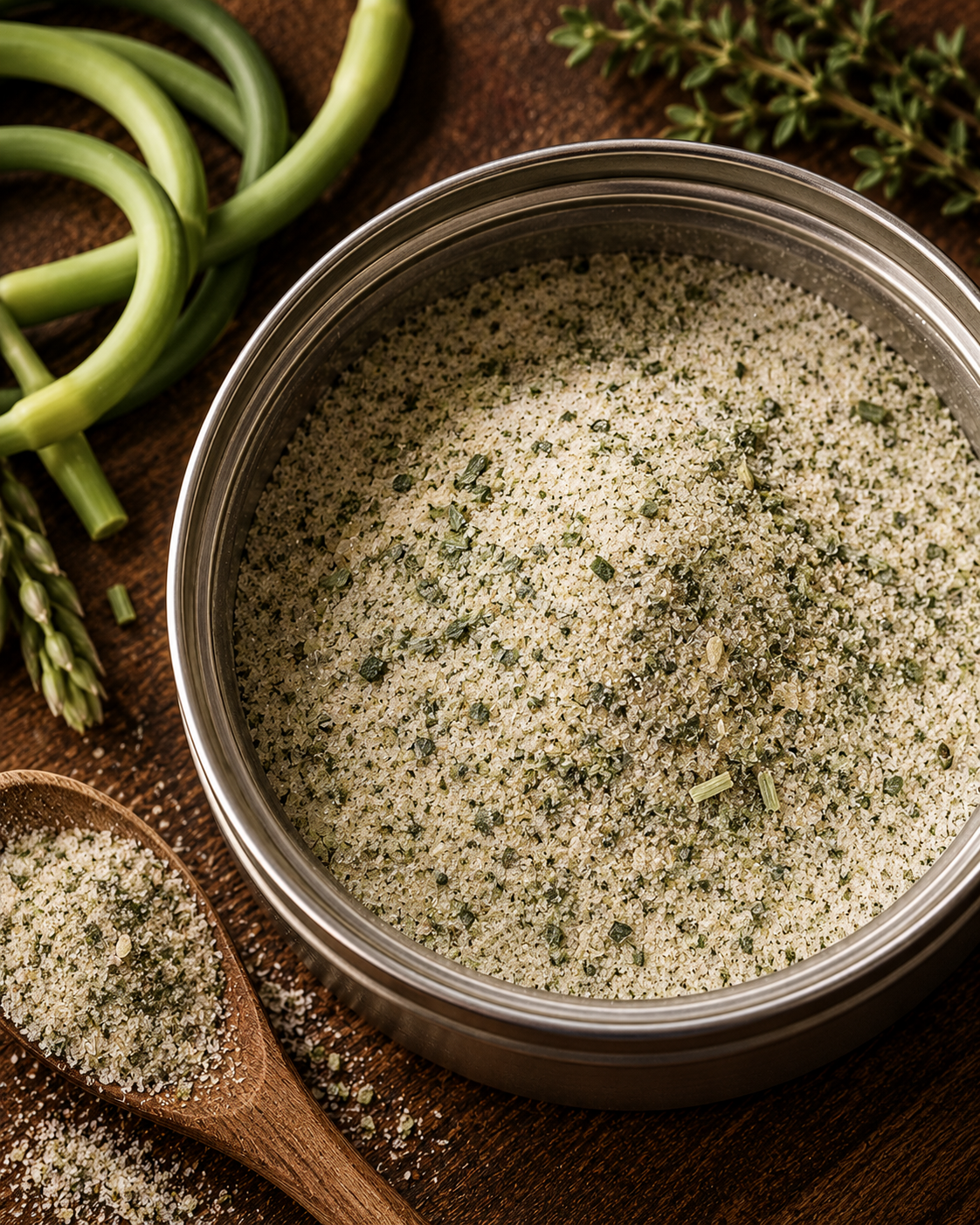 Open tin of RIDGE salt beside garlic scapes, herbs, and a wooden spoon.
