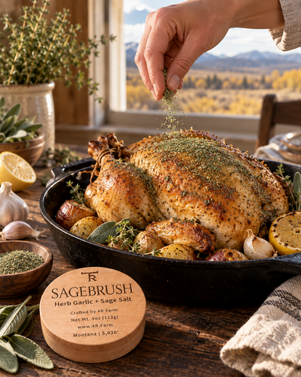 Hand seasoning roast chicken beside a SAGEBRUSH salt beechwood tin.