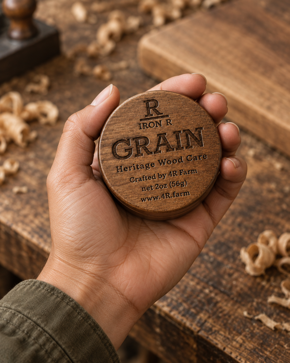 Hand holding IRON R GRAIN Heritage Wood Care above a woodworker’s bench.