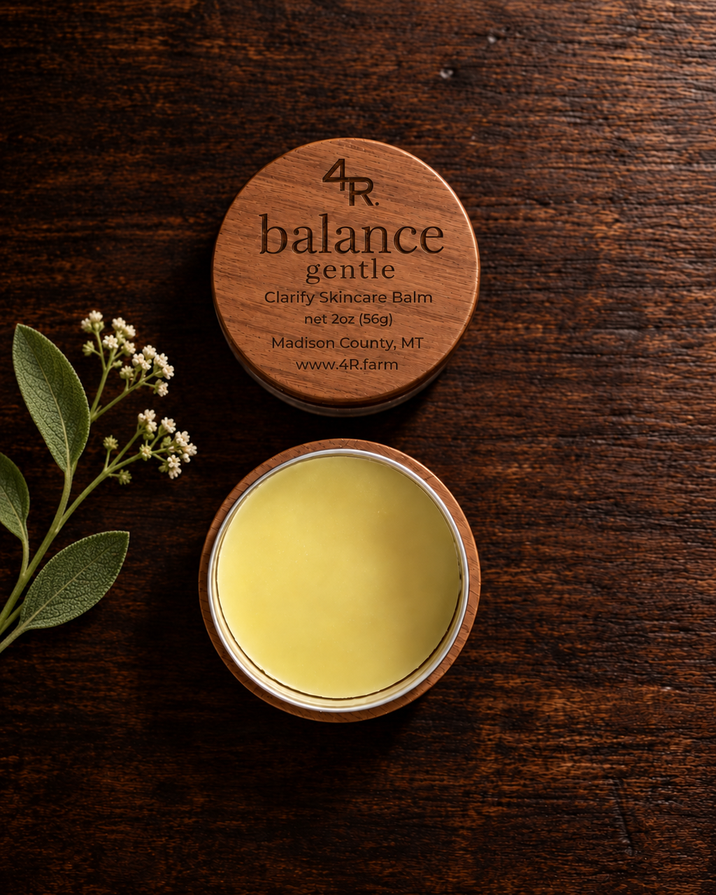 Open BALANCE GENTLE Facial Moisturizer beside its walnut lid on dark wood