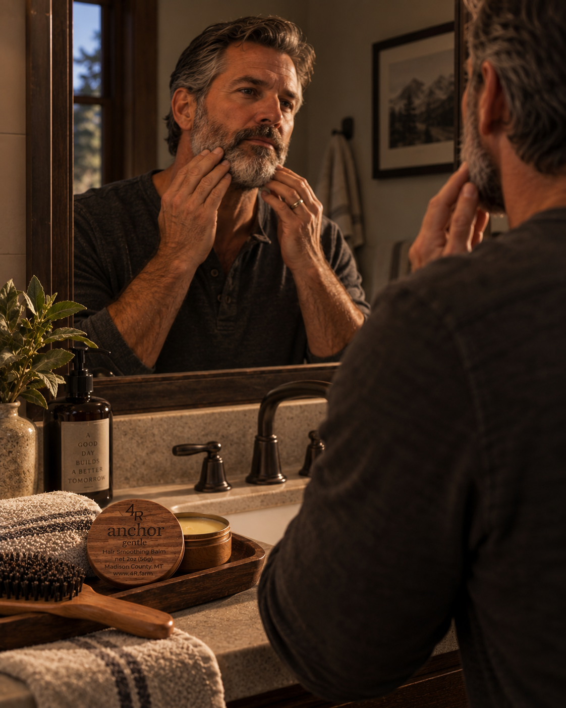 Man grooming his beard with ANCHOR GENTLE Hair Smoothing Balm beside the mirror