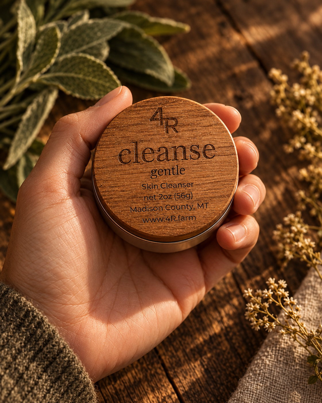 Hand holding CLEANSE GENTLE Daily Facial Cleanser in its walnut-lidded tin