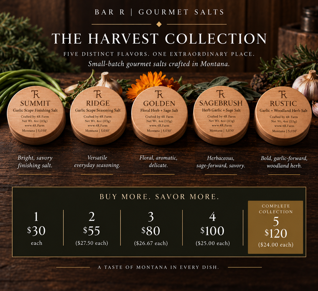 BAR R Harvest Collection guide showing five salt tins with flavor notes and quantity pricing.