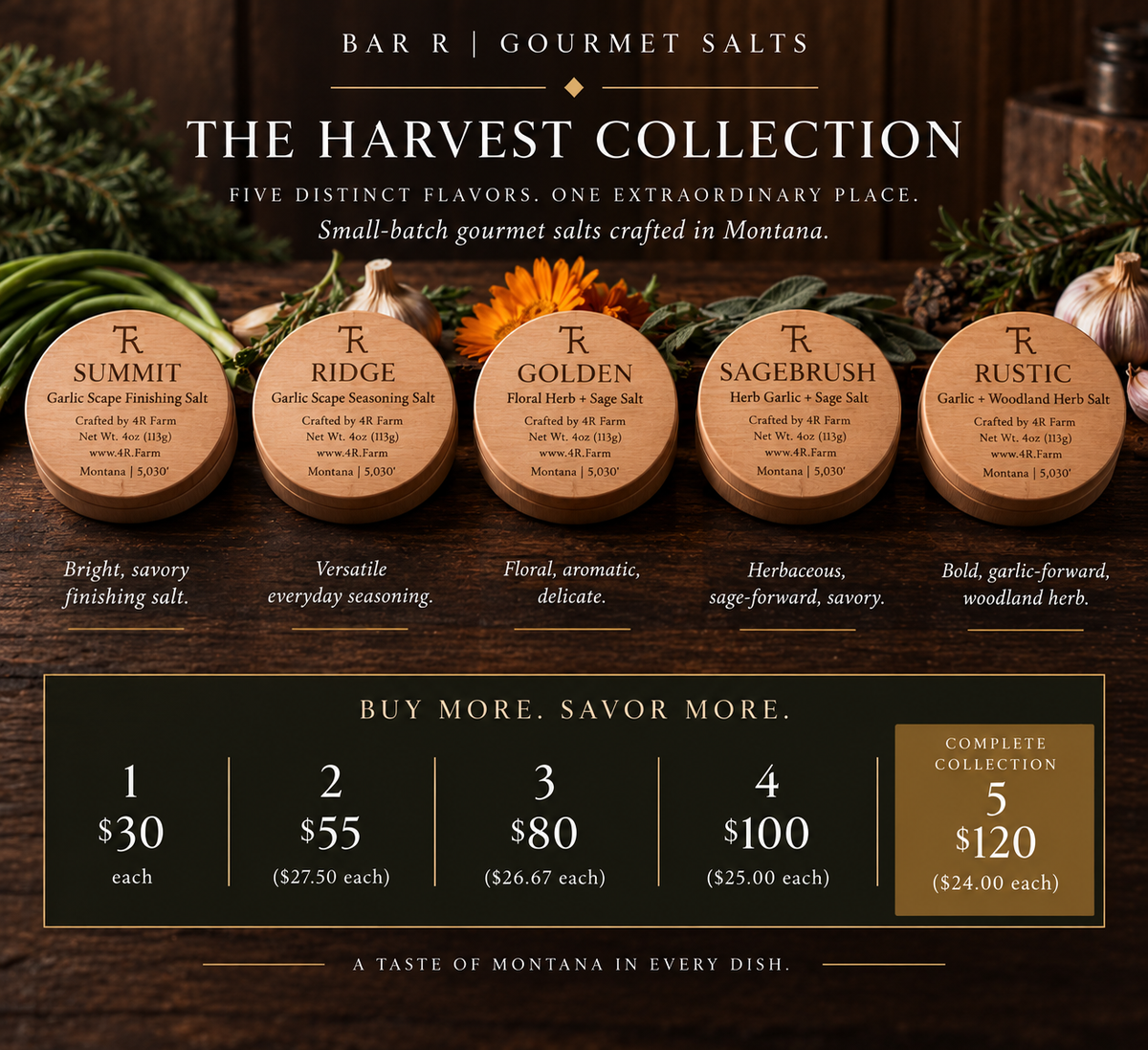 BAR R Harvest Collection guide showing five salt tins with flavor notes and quantity pricing.