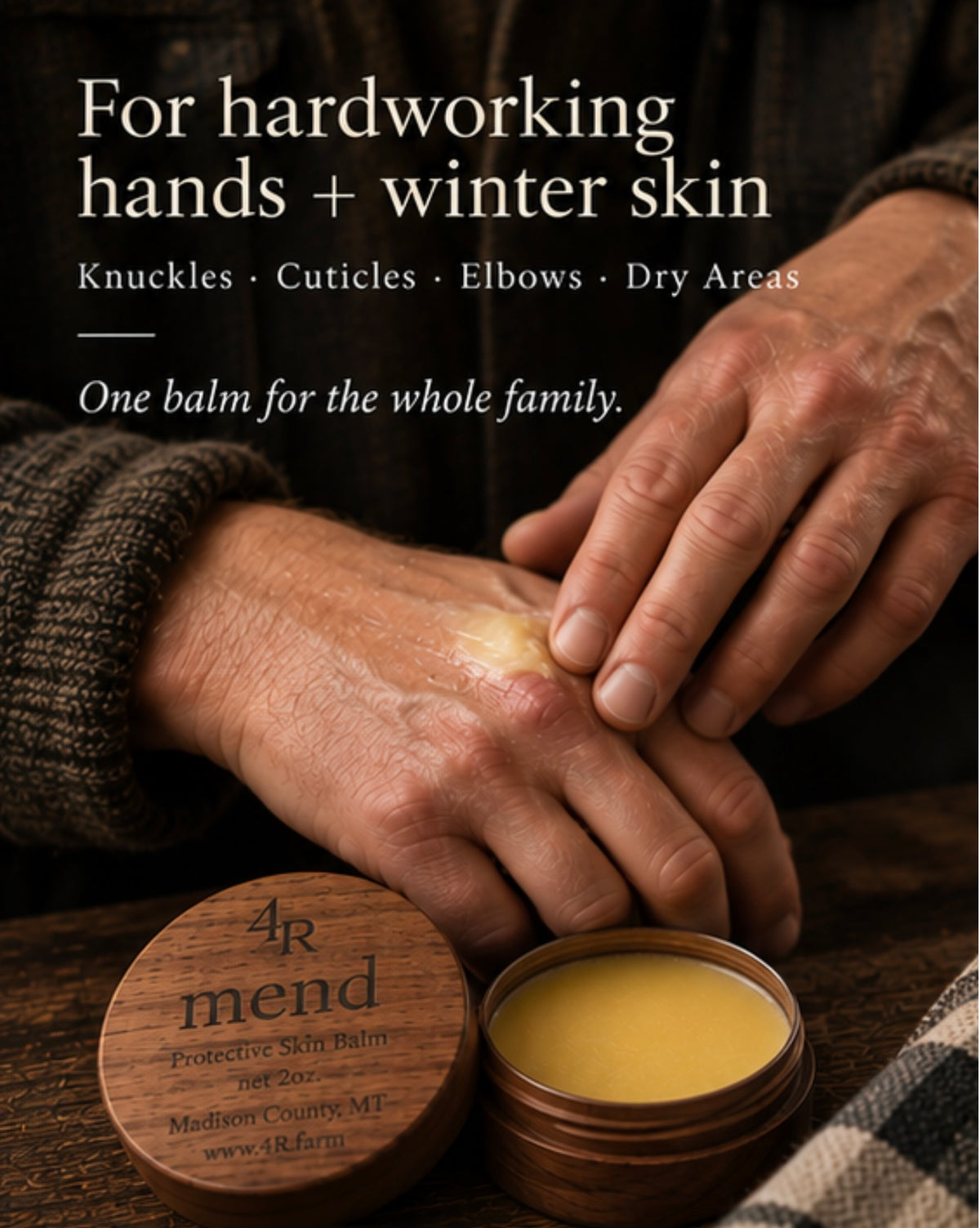 MEND balm being applied to dry hands beside the words “For hardworking hands + winter skin.”