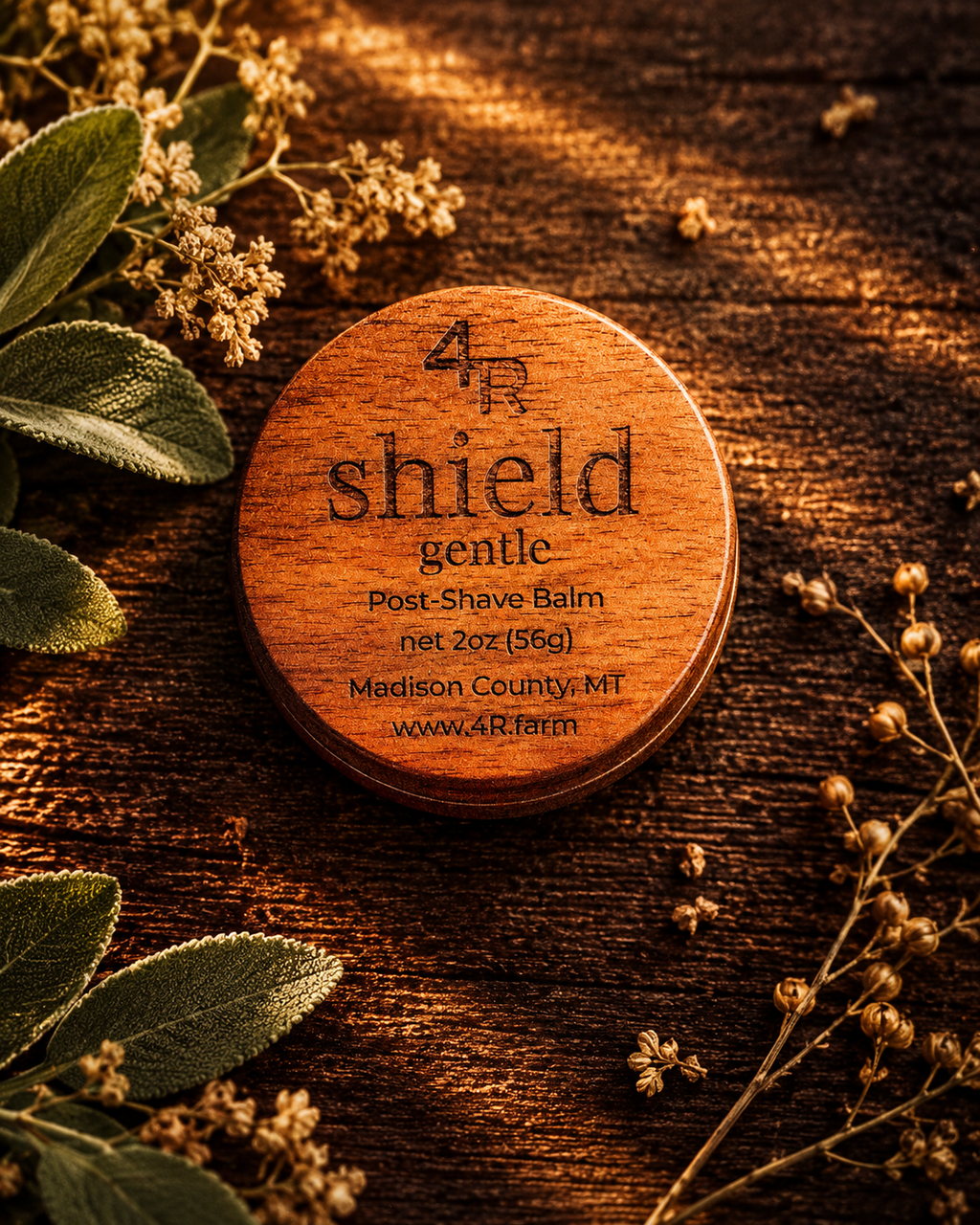 SHIELD GENTLE Soothing Post-Shave Balm in a walnut-lidded tin with botanicals