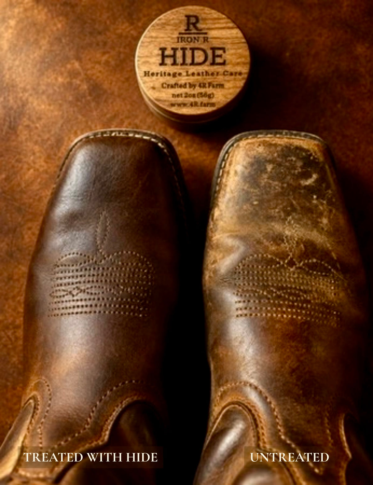 Side-by-side brown leather boots showing a HIDE-treated finish compared with untreated leather.