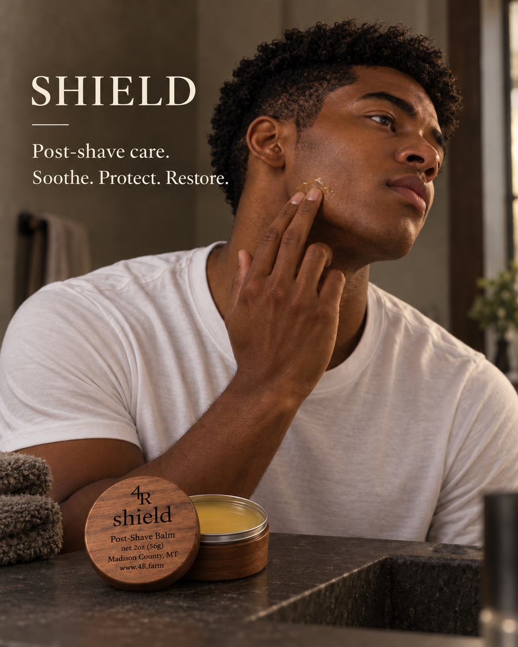 Man applying SHIELD balm after shaving beside the words “Post-shave care. Soothe. Protect. Restore.”
