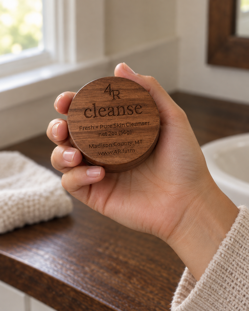 Hand holding CLEANSE Fresh + Pure Skin Cleanser in its walnut container.