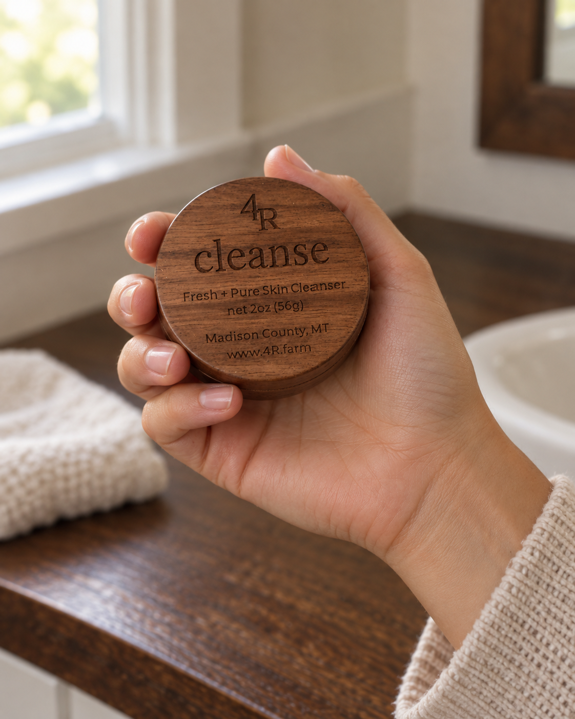 Hand holding CLEANSE Fresh + Pure Skin Cleanser in its walnut container.