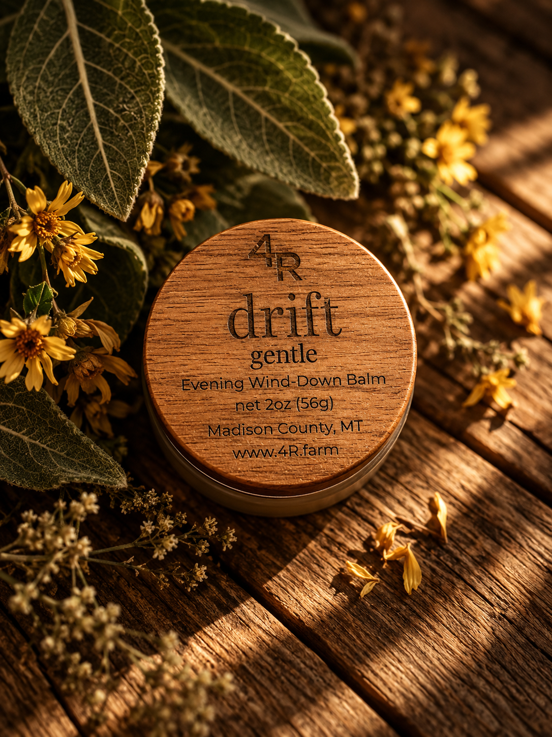 DRIFT GENTLE Evening Wind-Down Balm in a walnut-lidded tin with botanicals on dark wood