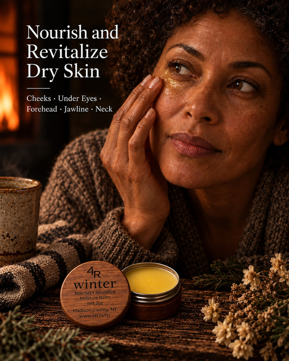Woman applying WINTER moisture balm to her cheek beside the words “Nourish and Revitalize Dry Skin.”