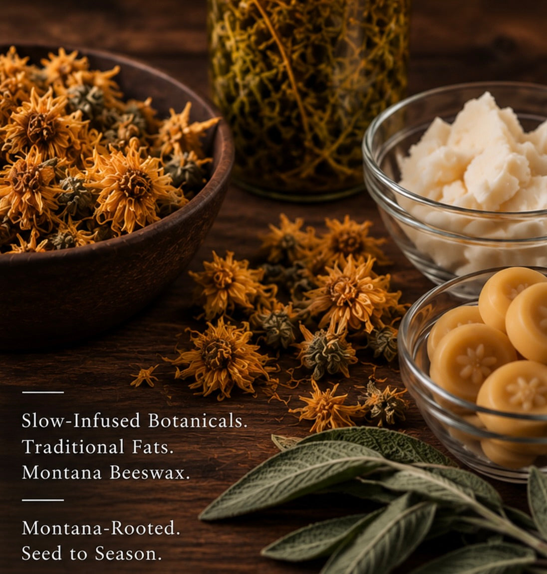 Calendula, infused botanicals, traditional fats, and beeswax used in 4R Farm balm making.