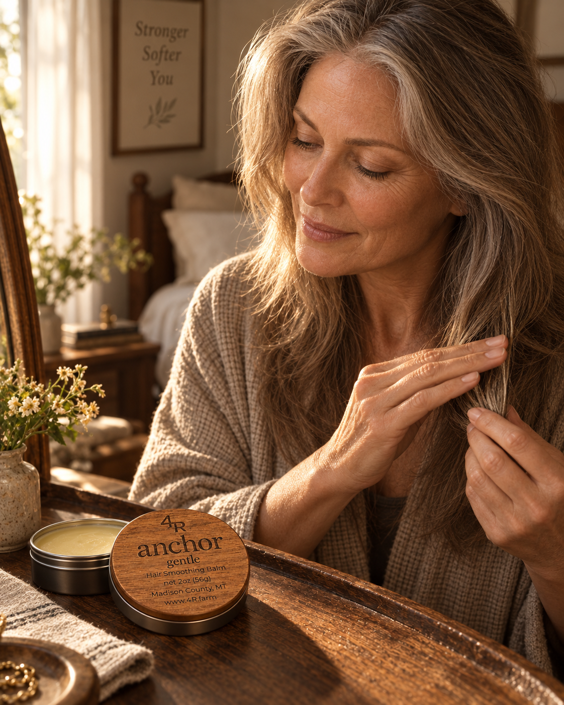 Woman smoothing her hair with ANCHOR GENTLE Hair Smoothing Balm on the vanity