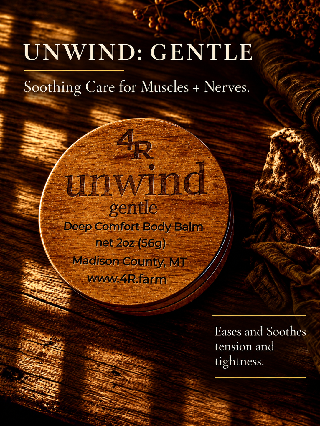 UNWIND GENTLE body balm for quiet, massage-friendly comfort without essential oils