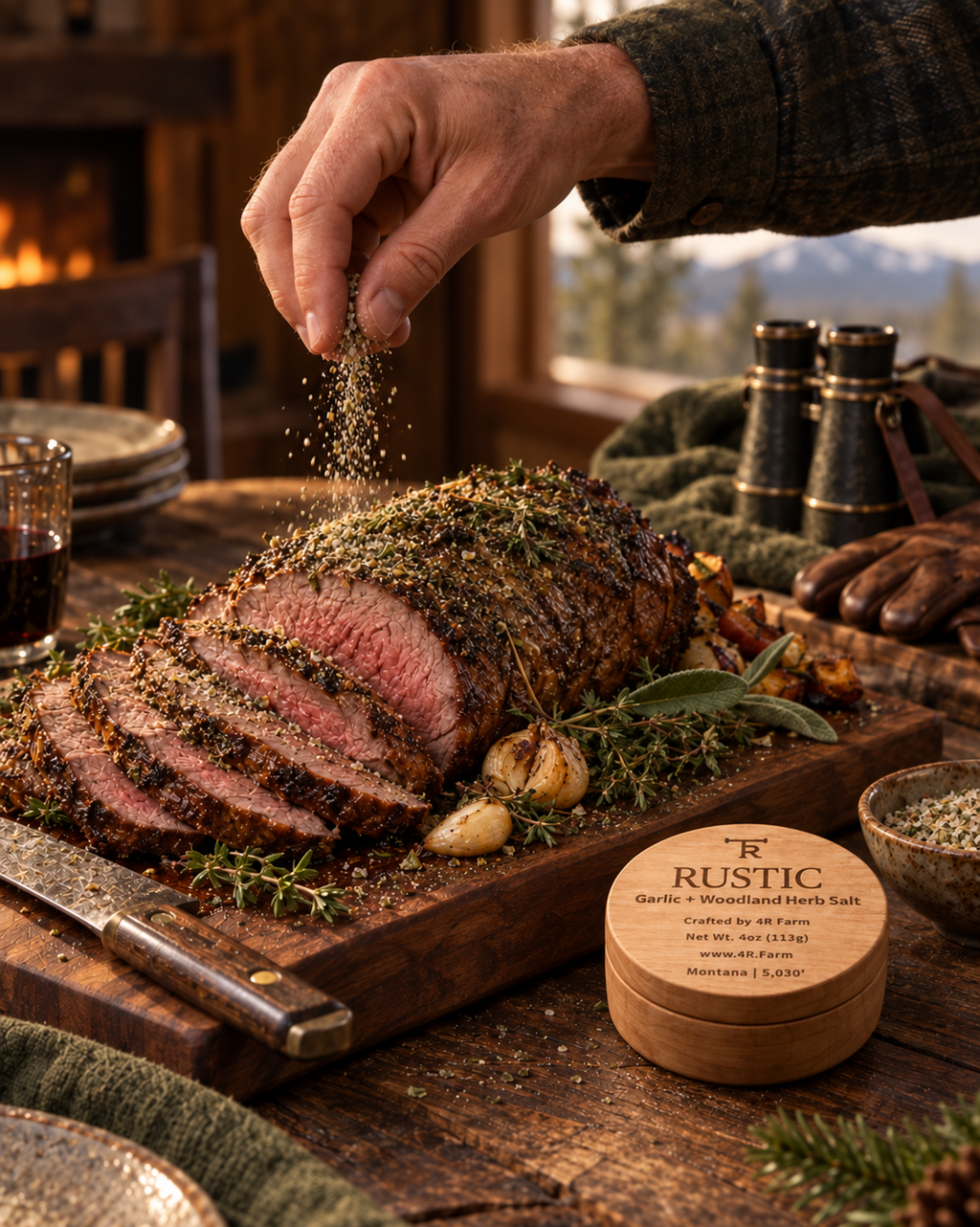 Hand seasoning sliced roast beef beside a RUSTIC salt beechwood tin.