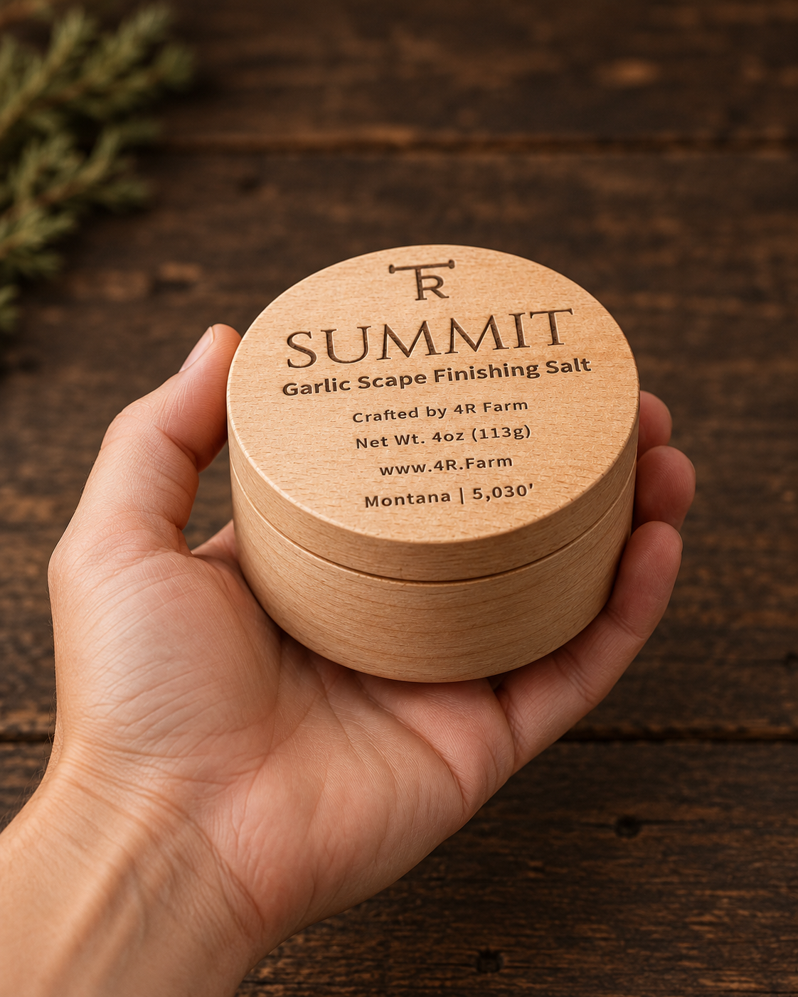 Hand holding a four-ounce SUMMIT salt beechwood tin for scale.