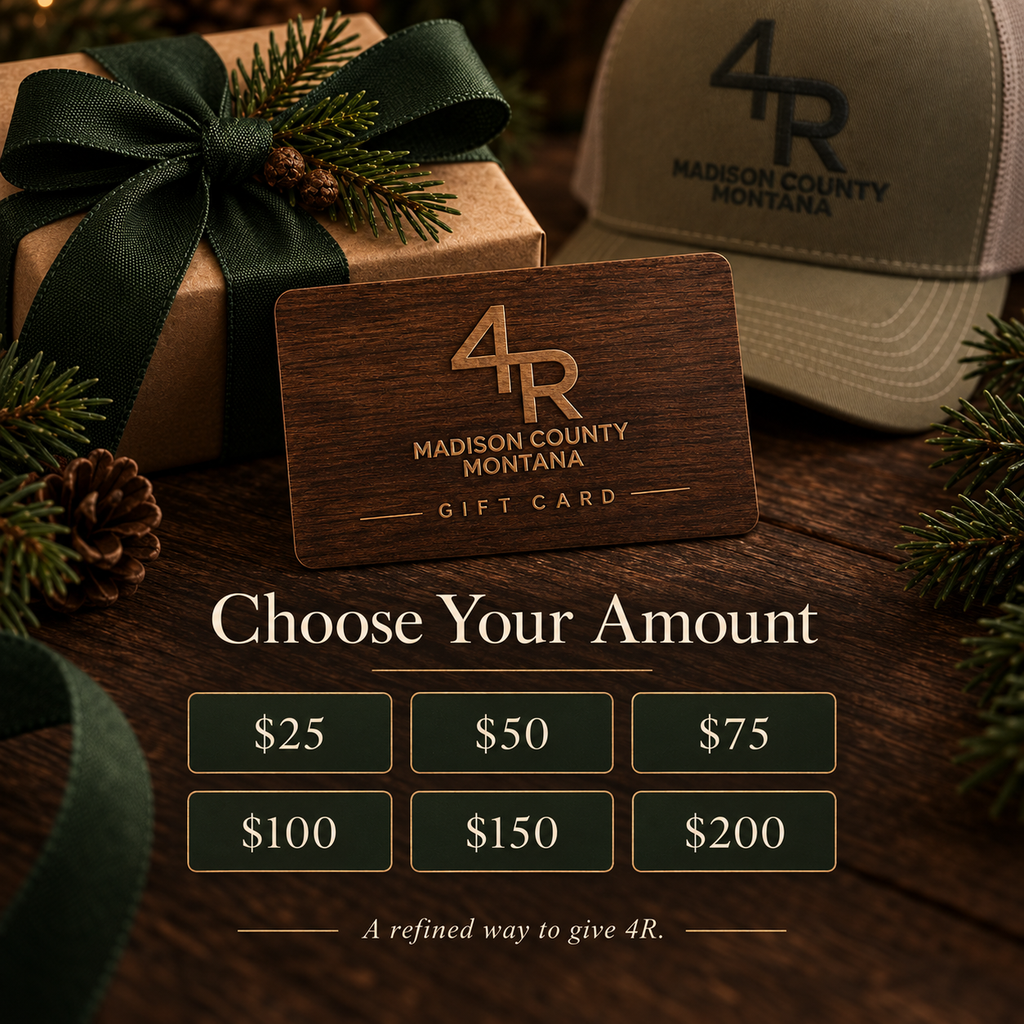 4R Farm gift card beside a wrapped gift and cap, with denominations from $25 to $200.