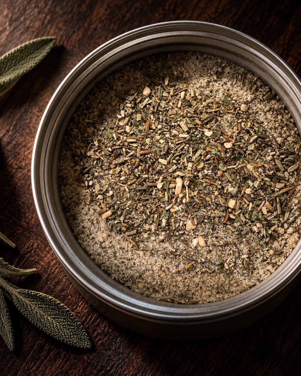 Open tin of SAGEBRUSH herb, garlic, and sage salt beside sage leaves.