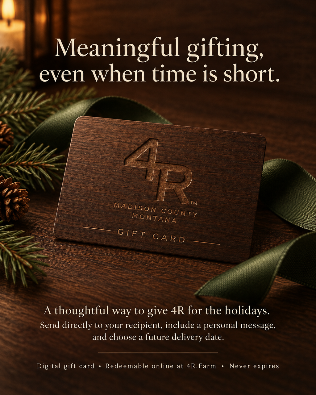 Wooden 4R Farm gift card in a holiday setting with details about recipient messaging and scheduled email delivery.