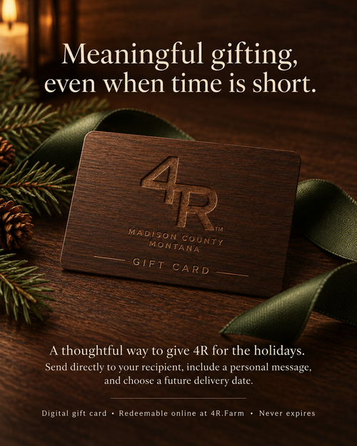 Wooden 4R Farm gift card in a holiday setting with details about recipient messaging and scheduled email delivery.