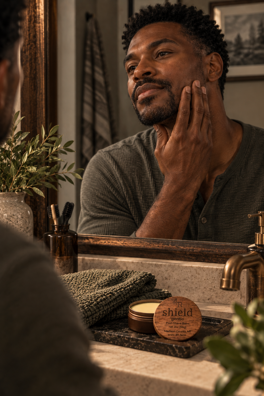Man applying SHIELD GENTLE Soothing Post-Shave Balm to his freshly shaved face