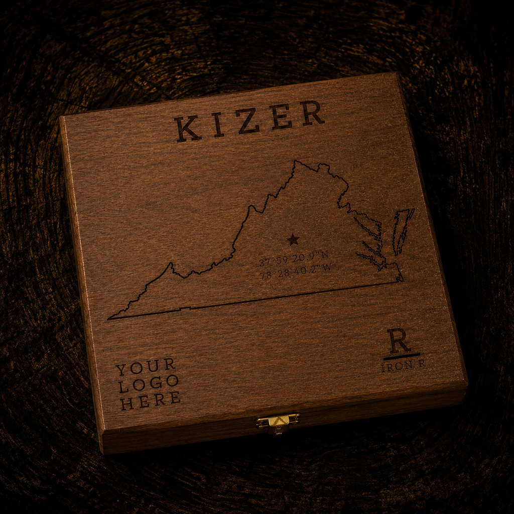 Personalized 4R Farm walnut HEIRLOOM gift box with KIZER name and engraved artwork on the lid