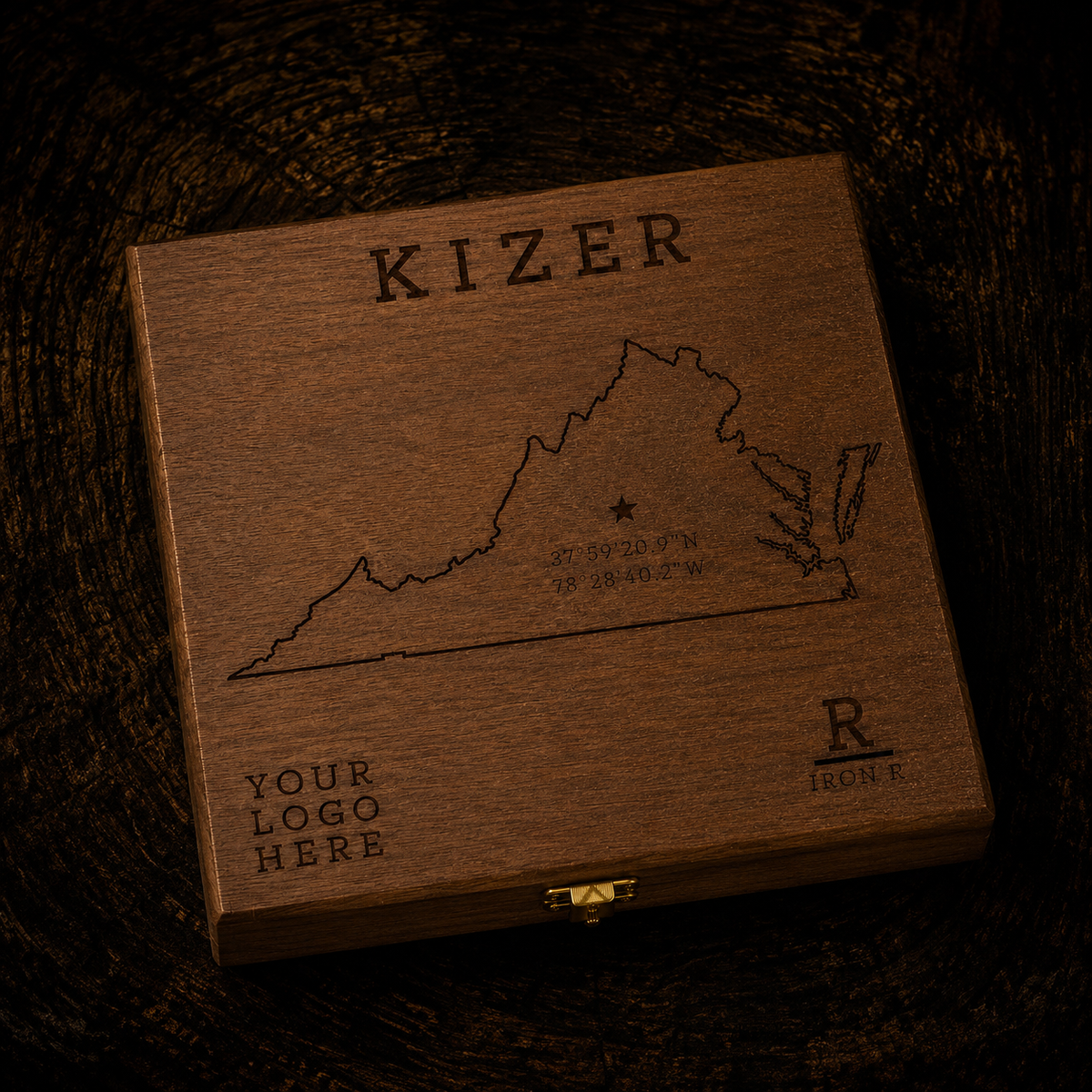 Personalized 4R Farm walnut HEIRLOOM gift box with KIZER name and engraved artwork on the lid