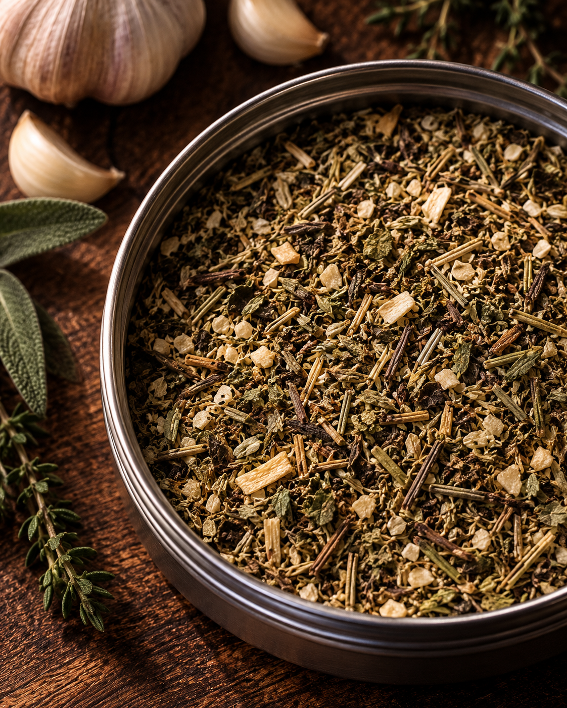 Open tin of RUSTIC garlic and woodland herb salt with garlic, sage, and thyme.