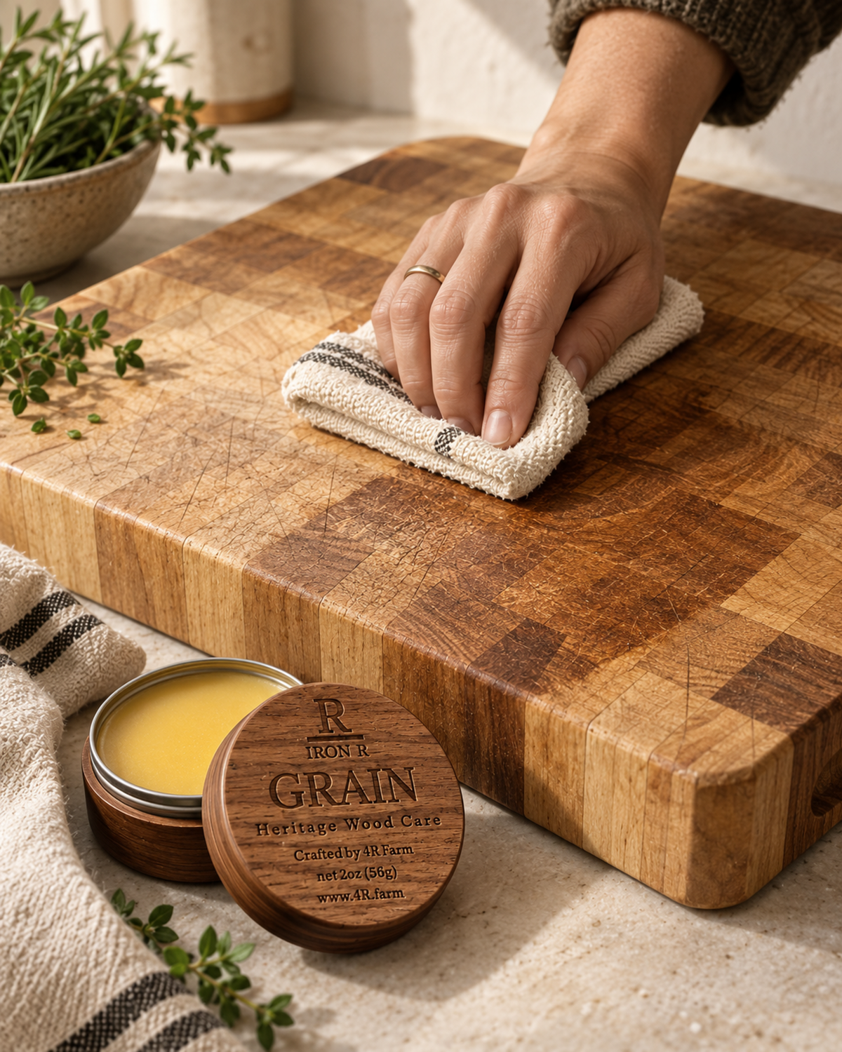 Hand conditioning a butcher-block cutting board with IRON R GRAIN and a soft cloth.
