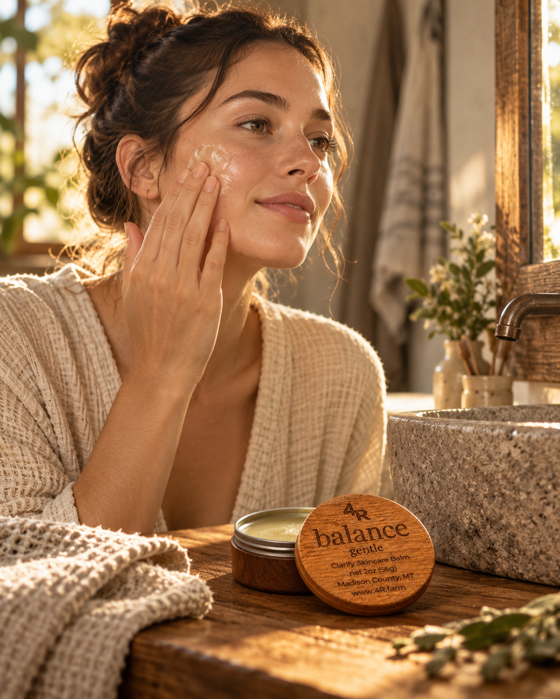 Woman applying BALANCE GENTLE Facial Moisturizer to her cheek