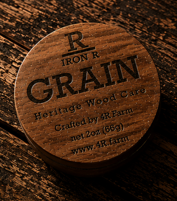 IRON R GRAIN Heritage Wood Care in a walnut-lidded tin on dark wood.