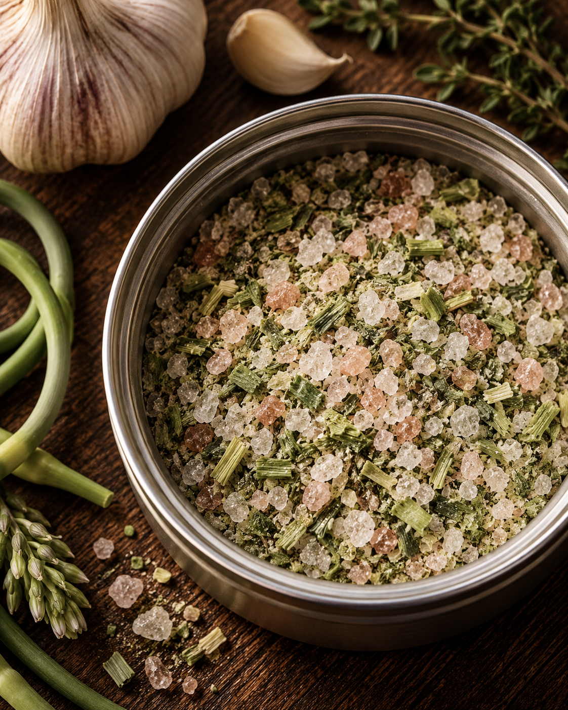 Open tin of SUMMIT finishing salt beside garlic scapes, garlic, and thyme.