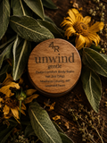 UNWIND GENTLE Deep Comfort Body Balm in a walnut-lidded tin with sage and dried flowers
